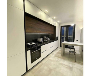 Меблі корпусні для кухні № +1126 фарбовані МДФ фасади білі матові + шпон Walnut