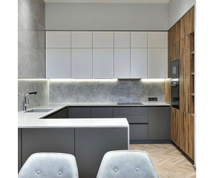 Мебель корпусная для кухни № 1128 крашеные МДФ фасады белые и серые с интегрированной ручкой 