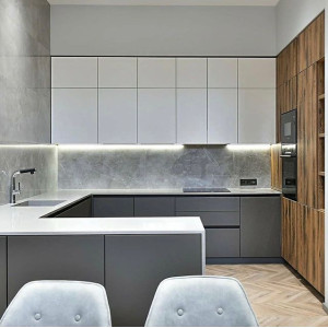 Cabinet furniture for kitchen No. 1128 painted MDF facades white and gray with integrated handle 