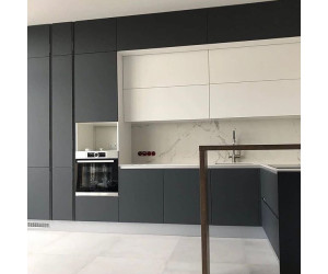 Cabinet furniture for kitchen No. 1182 painted matt white and gray MDF facades with integrated handle 