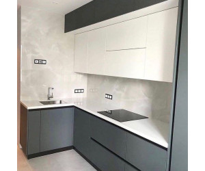 Cabinet furniture for kitchen No. 1182 painted matt white and gray MDF facades with integrated handle 