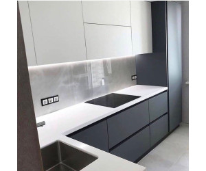 Cabinet furniture for kitchen No. 1182 painted matt white and gray MDF facades with integrated handle 