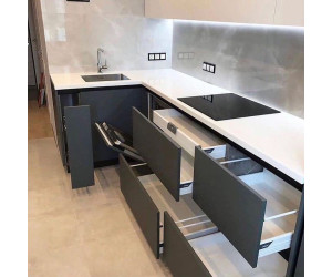 Cabinet furniture for kitchen No. 1182 painted matt white and gray MDF facades with integrated handle 