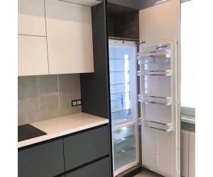 Cabinet furniture for kitchen No. 1182 painted matt white and gray MDF facades with integrated handle 