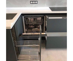 Cabinet furniture for kitchen No. 1182 painted matt white and gray MDF facades with integrated handle 